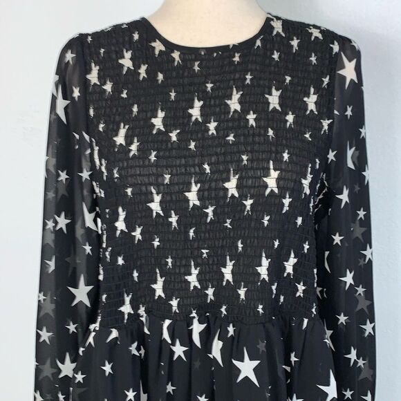 Asos Design Shirred Smocked Star Print Mini Dress Black & White Sz 10 - Picture 4 of 11